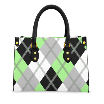 Agender Solid Argyle Tote Bag with Black Handles and Zippered Pockets