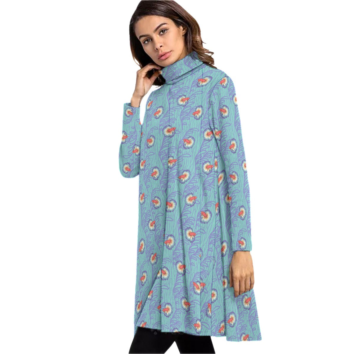 Betta and Seaweed Pattern Turtle Neck Dress With Long Sleeves | Choose Your Colourway