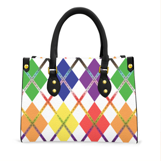 Rainbow and White Solid Argyle Tote Bag with Black Handles and Zippered Pockets