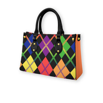 Rainbow and Black Solid Argyle Tote Bag with Black Handles and Zippered Pockets