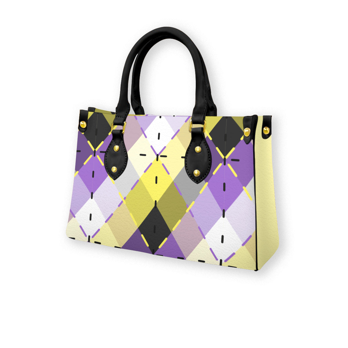 Nonbinary Bright Blended Argyle Tote Bag with Black Handles and Zippered Pockets