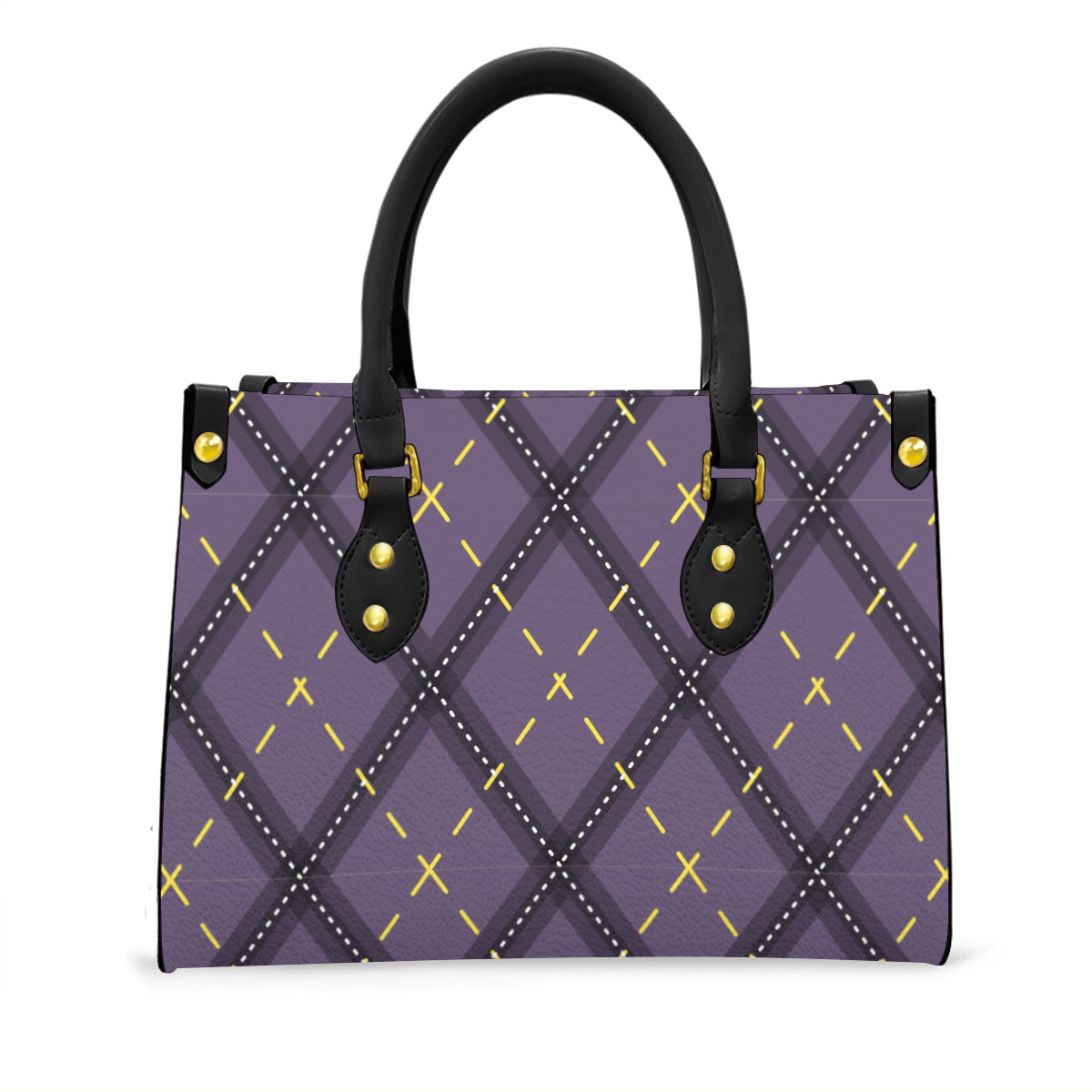 Nonbinary Dark Argyle Tote Bag with Black Handles and Zippered Pockets