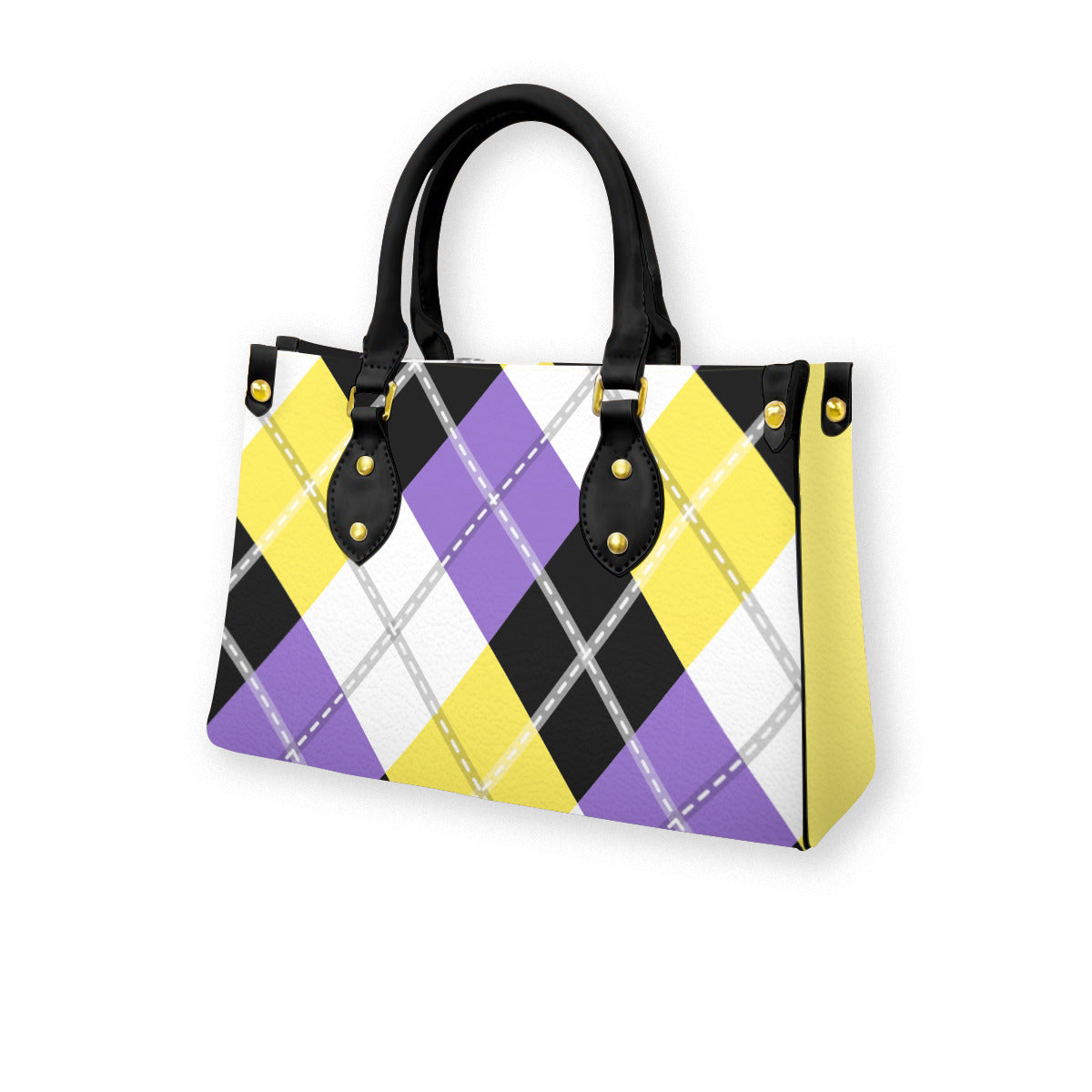 Nonbinary Solid Argyle Tote Bag with Black Handles and Zippered Pockets