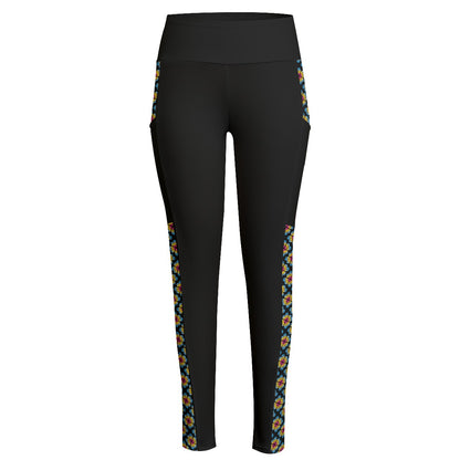 High Waist Leggings with Heart Flowers Pattern Accent and Side Pockets | Choose Your Colourway