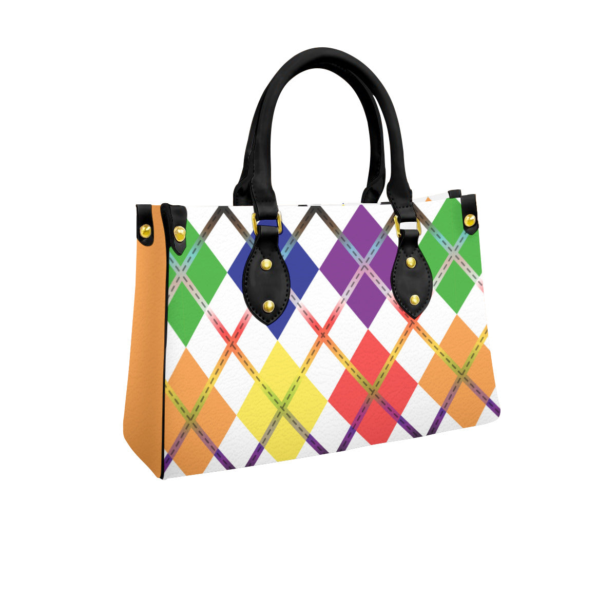 Rainbow and White Solid Argyle Tote Bag with Black Handles and Zippered Pockets