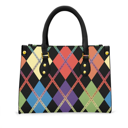 Muted Rainbow and Black Solid Argyle Tote Bag with Black Handles and Zippered Pockets