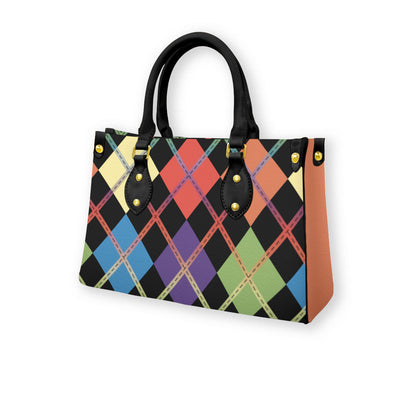 Muted Rainbow and Black Solid Argyle Tote Bag with Black Handles and Zippered Pockets