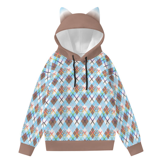 Furry Hoodie With  Ears - Argyle with Solid Accents