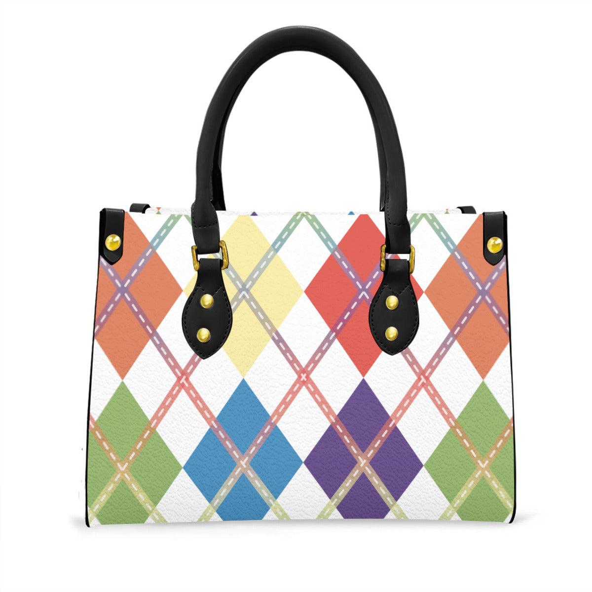 Muted Rainbow and White Solid Argyle Tote Bag with Black Handles and Zippered Pockets