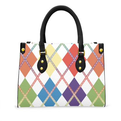 Muted Rainbow and White Solid Argyle Tote Bag with Black Handles and Zippered Pockets