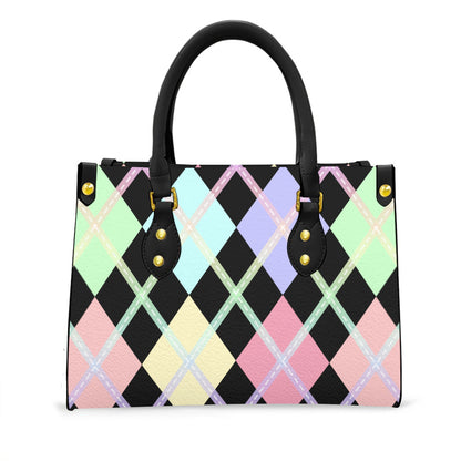 Pastel Rainbow and Black Solid Argyle Tote Bag with Black Handles and Zippered Pockets