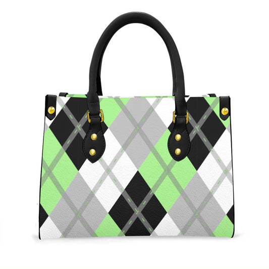 Agender Solid Argyle Tote Bag with Black Handles and Zippered Pockets