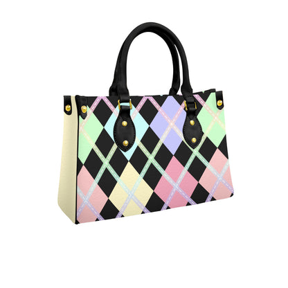 Pastel Rainbow and Black Solid Argyle Tote Bag with Black Handles and Zippered Pockets