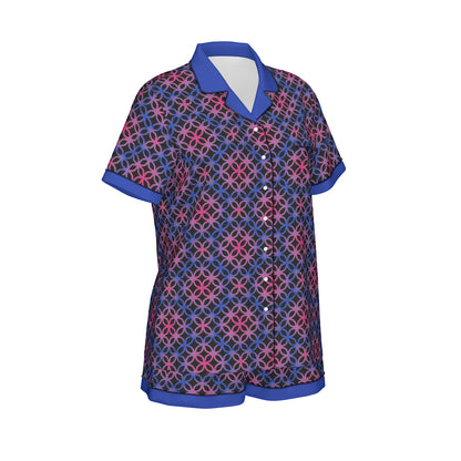 Circle Trellis Patterned All-Over Print Women's Imitation Silk Pajama Set With Short Sleeve