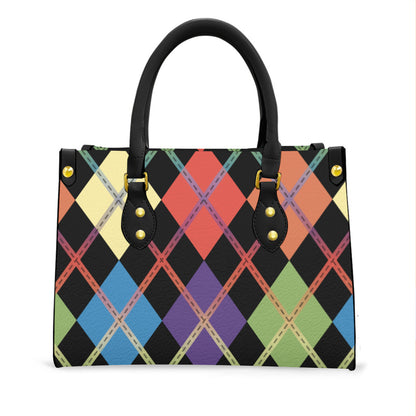 Muted Rainbow and Black Solid Argyle Tote Bag with Black Handles and Zippered Pockets