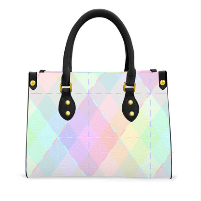 Pastel Rainbow Blended Argyle Tote Bag with Black Handles and Zippered Pockets