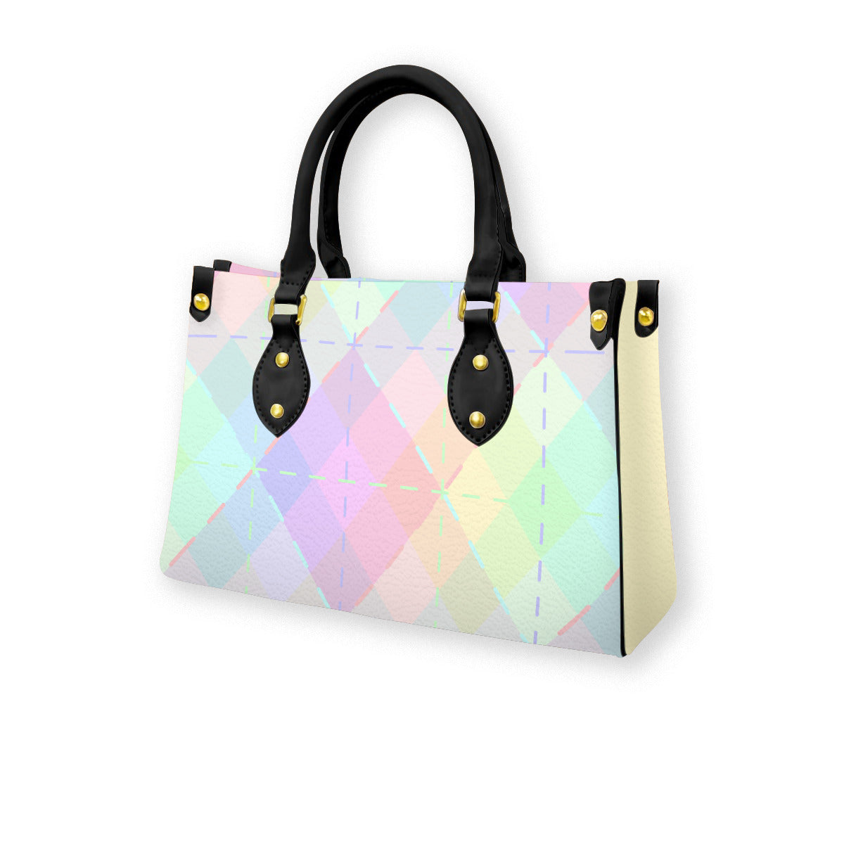 Pastel Rainbow Blended Argyle Tote Bag with Black Handles and Zippered Pockets