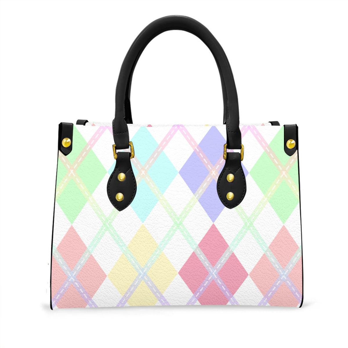 Pastel Rainbow and White Solid Argyle Tote Bag with Black Handles and Zippered Pockets