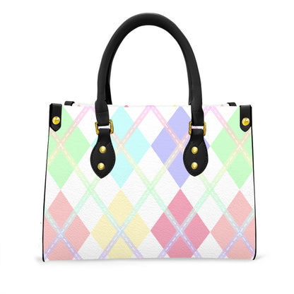 Pastel Rainbow and White Solid Argyle Tote Bag with Black Handles and Zippered Pockets