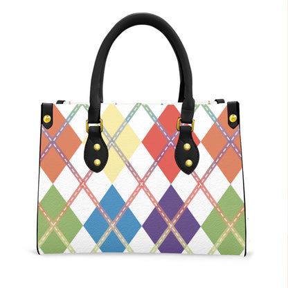 Muted Rainbow and White Solid Argyle Tote Bag with Black Handles and Zippered Pockets