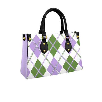 Genderqueer and White Solid Argyle Tote Bag with Black Handles and Zippered Pockets