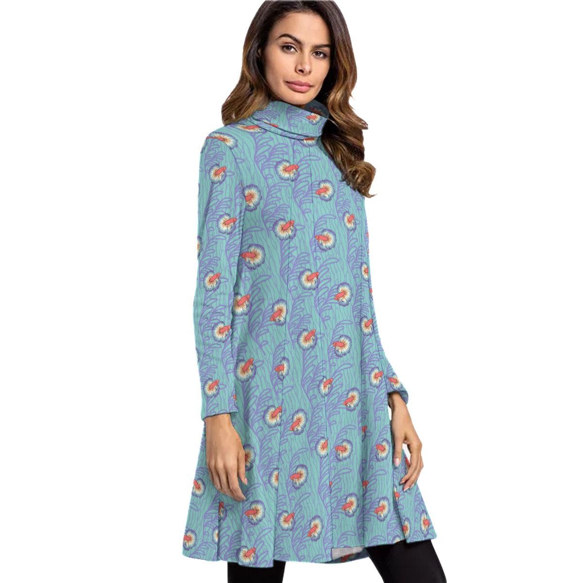 Betta and Seaweed Pattern Turtle Neck Dress With Long Sleeves | Choose Your Colourway