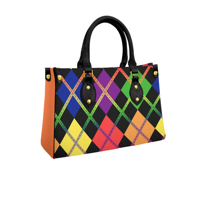 Rainbow and Black Solid Argyle Tote Bag with Black Handles and Zippered Pockets