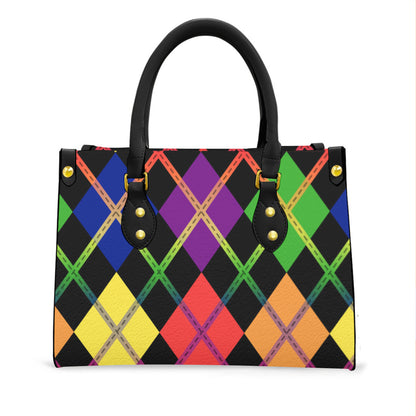 Rainbow and Black Solid Argyle Tote Bag with Black Handles and Zippered Pockets