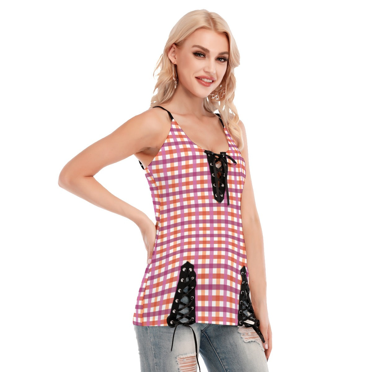 Argyle or Plaid V-neck Eyelet Lace-up Cami Top | Choose Your Colourway and Pattern Cami Top ninjaferretart