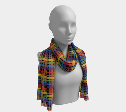 Muted Rainbow and Black Plaid  Long Scarf