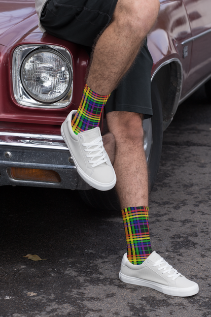 Rainbow and Black Tartan Plaid All-Over Print Socks