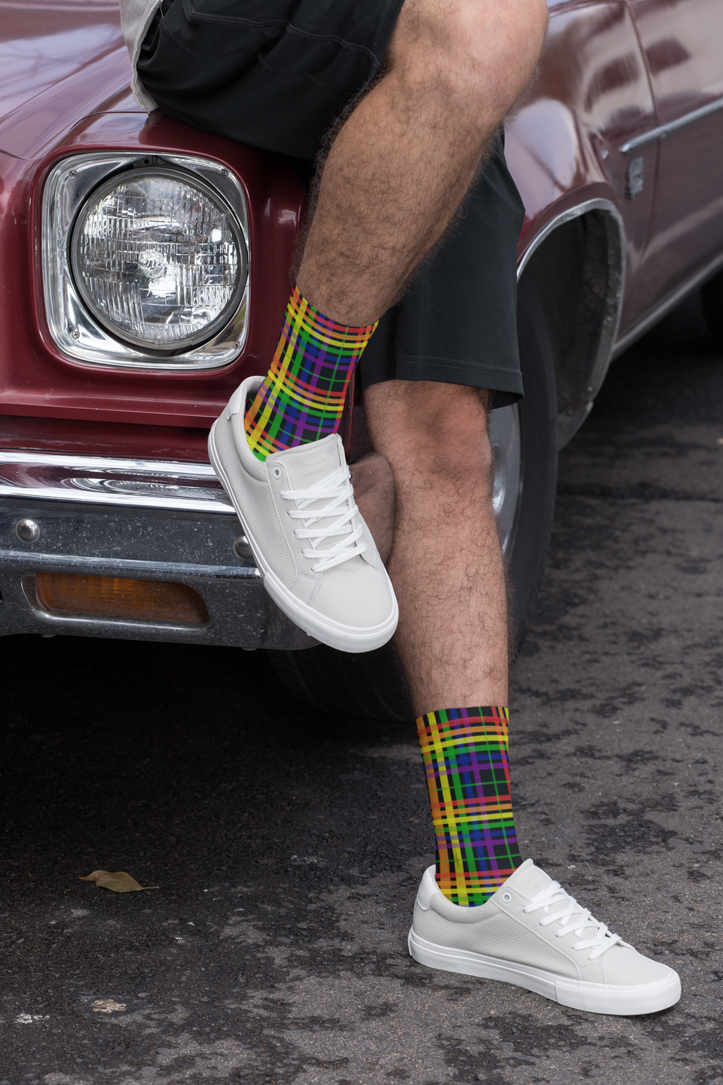 Rainbow and White Tartan Plaid All-Over Print Socks